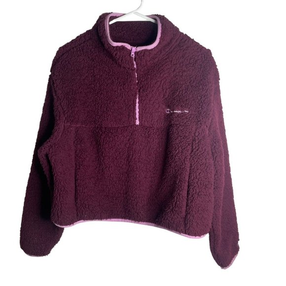 Champion Tops - Champion Faux Sherpa Cropped 1/4 Zip Sweater Women M Purple Pullover Shirt